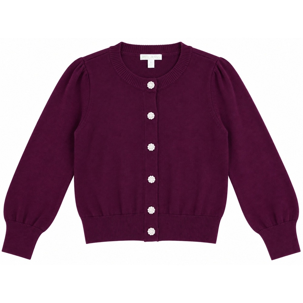Ryegrass Women Purple Cotton Cashmere Puff Sleeve Rhinestone Button Cardigan M